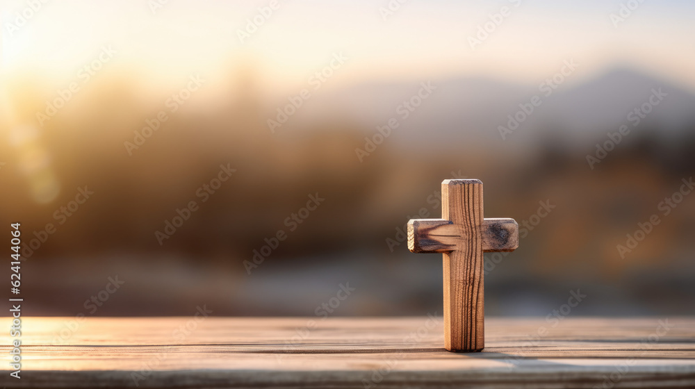 small women cross standing on wooden table close up