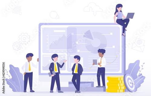 Business ideas concept. Business people discussing and brainstorming data analysis. Exchange and share information. Flat vector design illustration.