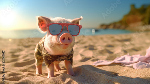 small pig in sunglasses on beach vacation concept