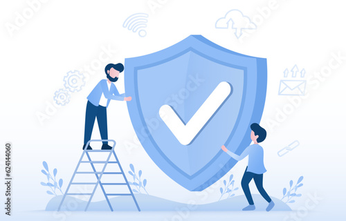 Protection concept. Business people holding a shield, represent protecting and keeping personal details and sensitive data safe. Security measures, encryption, firewalls, secure access protocols.