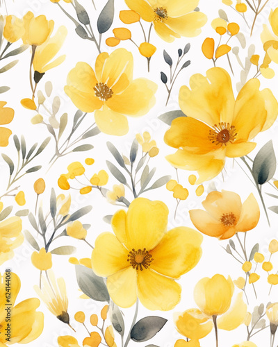 Yellow flowers watercolor seamless patterns