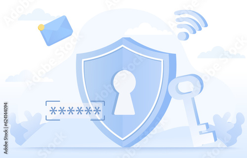 Safety and security technology concept. Data protection, sensitive information, firewall, strong password from cyber attack and other online threats. Flat vector design illustration.