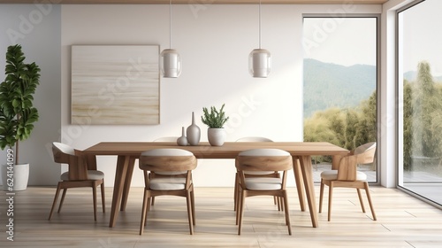 Minimalist interior design of modern dining room with wooden table and chairs generative ai © tanjidvect