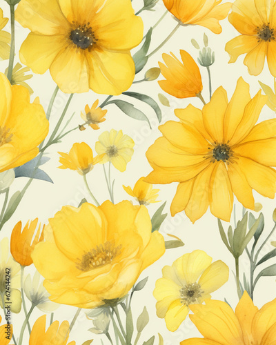 Yellow flowers watercolor seamless patterns © MUS_GRAPHIC