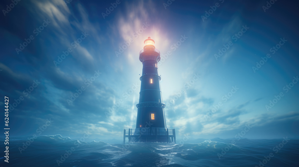 Lighthouse in a futuristic, digital world. Evolving technology and the potential for progress. A guide, inspiring innovation and leadership towards a brighter future