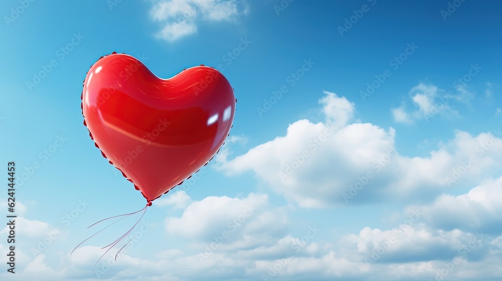 A red heart balloon floats in the blue sky in clouds. Created with Generative Ai technology. A red heart balloon floats in the blue sky in clouds. Created with Generative Ai technology.