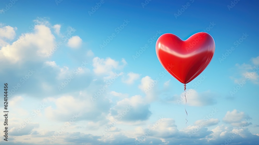 A red heart balloon floats in the blue sky in clouds. Created with Generative Ai technology. A red heart balloon floats in the blue sky in clouds. Created with Generative Ai technology.