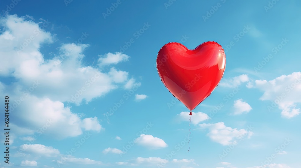 A red heart balloon floats in the blue sky in clouds. Created with Generative Ai technology.