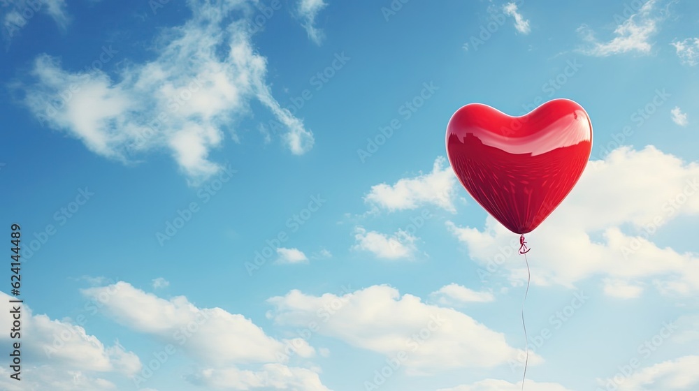 A red heart balloon floats in the blue sky in clouds. Created with Generative Ai technology. A red heart balloon floats in the blue sky in clouds. Created with Generative Ai technology.