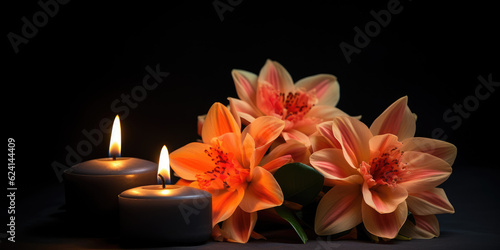 Flowers and candles for soul s day on a dark black gradient background