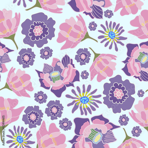 Pink and purple princess garden royal hand drawn flowers seamless pattern. Colorful purple and pink florals garden seamless pattern