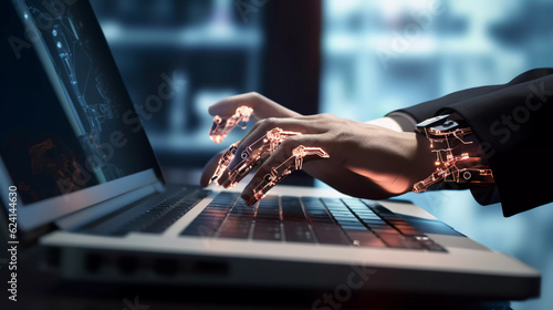 Robotic man hand pressing a keyboard on a laptop working, connecting with AI online and using a chat GPT. IT engineer software developer programmer, future world, Generated AI.