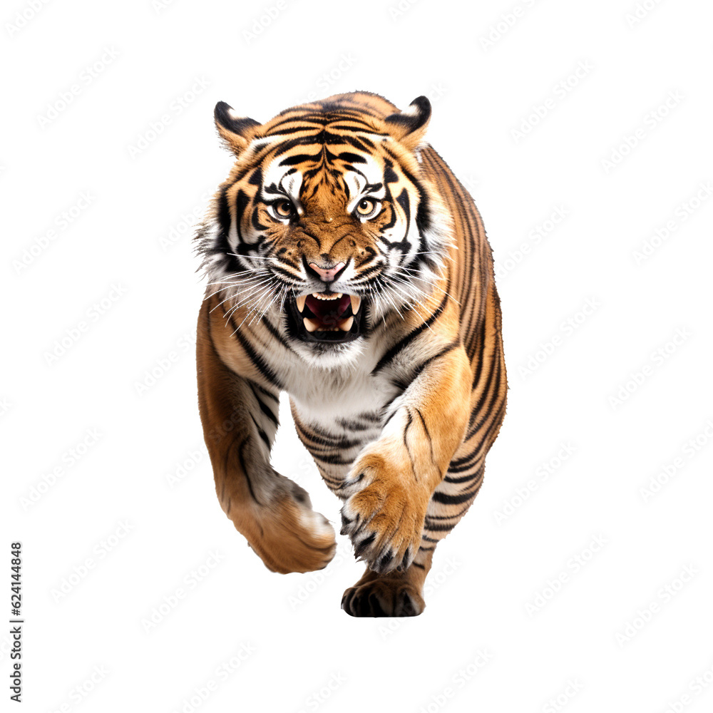 Realistic depiction of a ferocious Indian tiger. on transparent background (png)