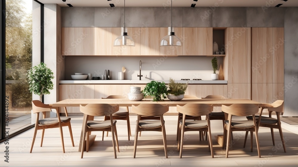 Interior design of modern dining room with wooden chairs near kitchen generative ai