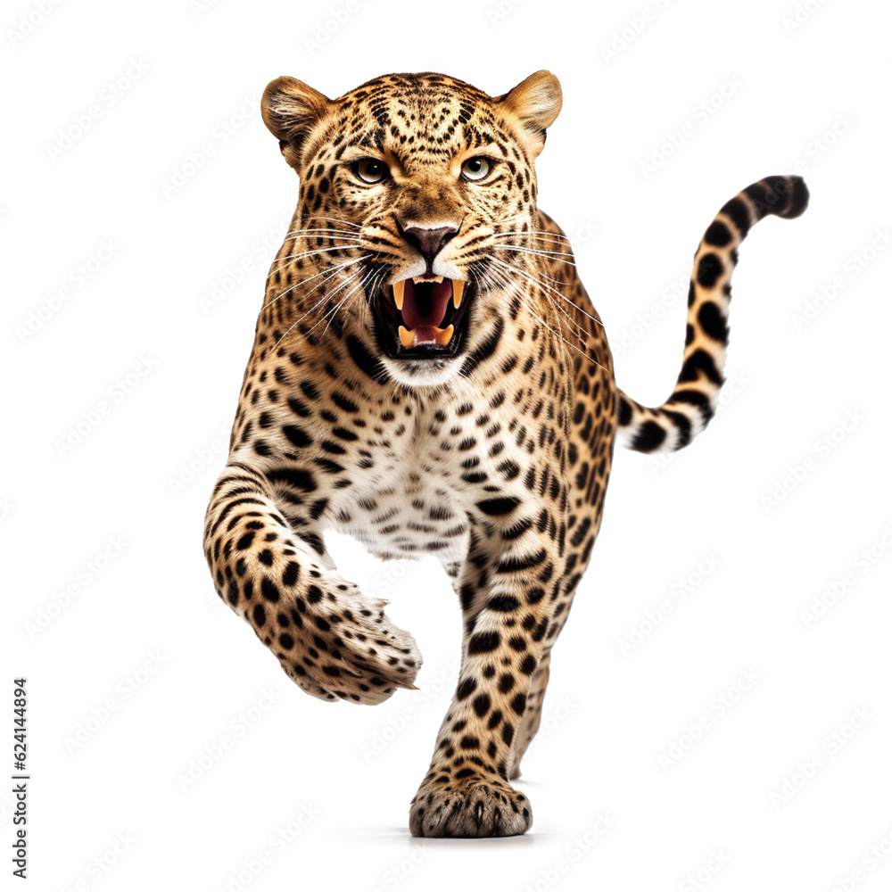 Realistic illustration of a leopard jumping on a transparent background (png). - obrazy, fototapety, plakaty 