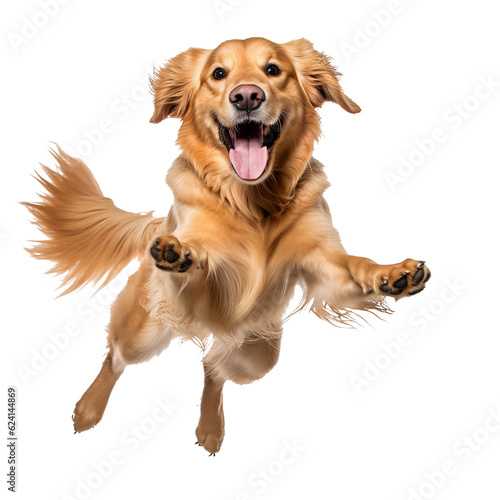 Realistic picture of a cute happy dog. Jumping on transparent background (png)