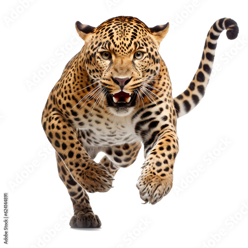 Realistic illustration of a leopard jumping on a transparent background (png).