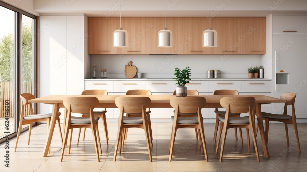 Interior design of modern dining room with wooden chairs near kitchen generative ai