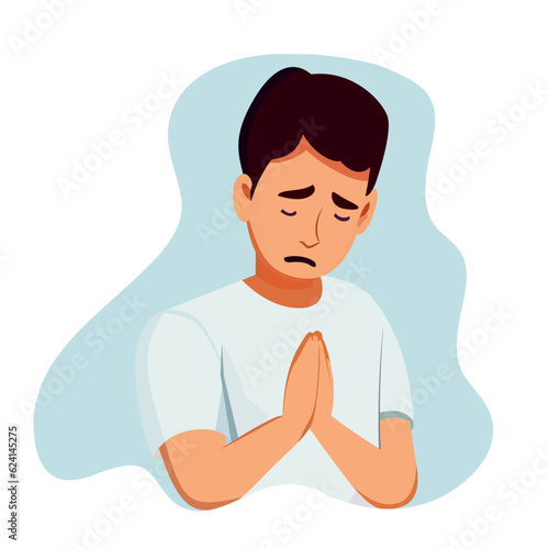 Man feeling bad apologetic, Man praying to god flat style stock vector image, A man feeling sad praying god stock vector illustration