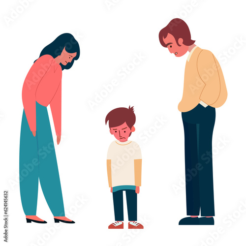 parents scolding child flat style vector illustration, Mother and father argument with sad kid looking down , Parents arguing with a kid flat stock vector image