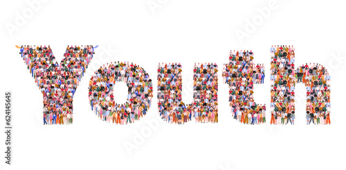 Large group of people forming word Youth. International Youth Day Celebration, Friendly team, cooperation, friendship. World youth skills day concept. Flat vector illustration 