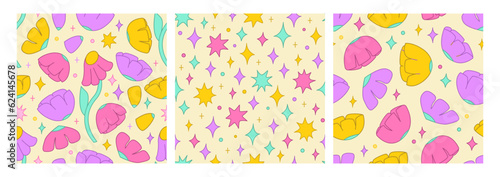 Set of seamless patterns with various flowers and stars. Cute pastel vector backgrounds in kawaii style