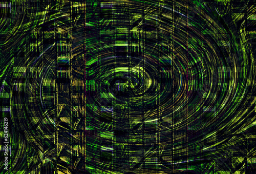 Psychedelic art  twisting spiral  funnel  lattice  human figure in the center of the picture  black green  yellow  blue