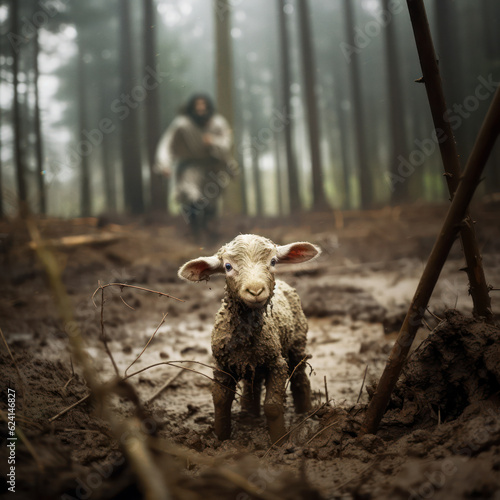 Leinwand Poster Jesus runs towards a lost lamb
