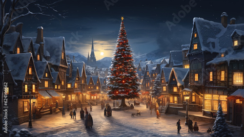 Christmas village with Christmas tree. Winter snowy small cozy street with lights in houses. Winter holidays night time backdrop. Merry Christmas vintage retro illustration background.