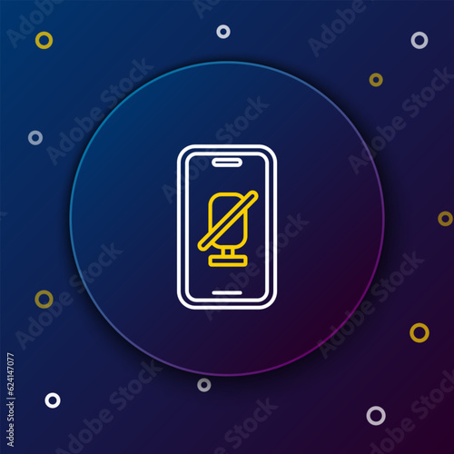 Line Mute microphone on mobile phone icon isolated on blue background. Microphone audio muted. Colorful outline concept. Vector