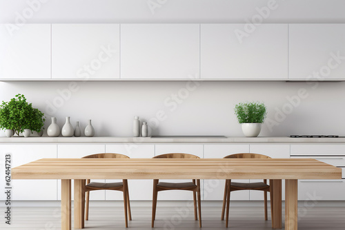 Empty wood table on white kitchen background, Natural template for product display with modern kitchen.