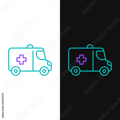 Line Ambulance and emergency car icon isolated on white and black background. Ambulance vehicle medical evacuation. Colorful outline concept. Vector