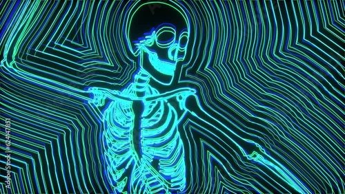 Seamless animation of glowing dancing skeleton. Funny halloween background  with rainbow neon flare echo effect.