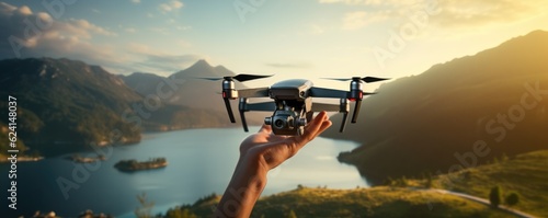 Drone technology landing in human hand in nature, panorama. Generative Ai. #624148037