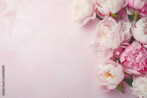 rame with pink peonies on clear light background. Greeting card template for wedding  mothers or womans day. Springtime composition with copy space. Flat lay style