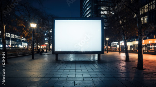 Blank white digital billboard poster on city street at dawn 