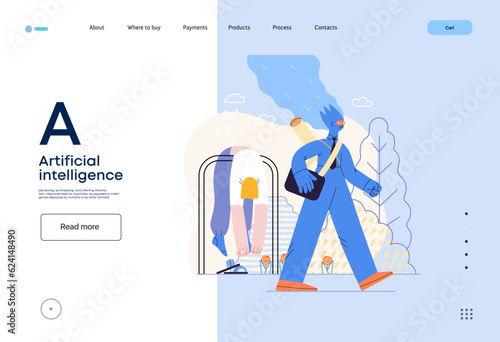 Artificial intelligence illustration. Job -modern flat vector concept illustration -AI going to work instead of human, upset woman stays home. AI metaphor, advantage, superiority and dominance concept