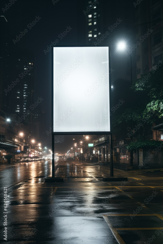 Blank white digital billboard poster on city street during a thunderstorm 