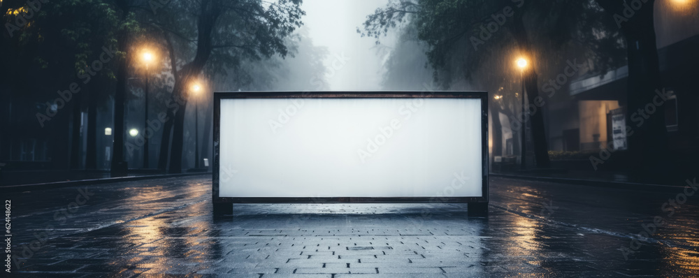 Blank white digital billboard poster on city street during a thunderstorm 