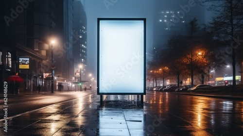 Blank white digital billboard poster on city street in the early morning mist 