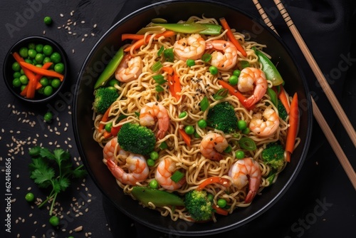 Udon food. Stir fry noodles with vegetables and shrimps in black iron pan. Top view. Image generated by artificial intelligence
