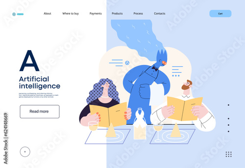 Artificial intelligence, Waiter -modern flat vector concept illustration of waiter AI taking order, giving advice on choosing in restaurant. Metaphor of AI advantage, superiority and dominance concept