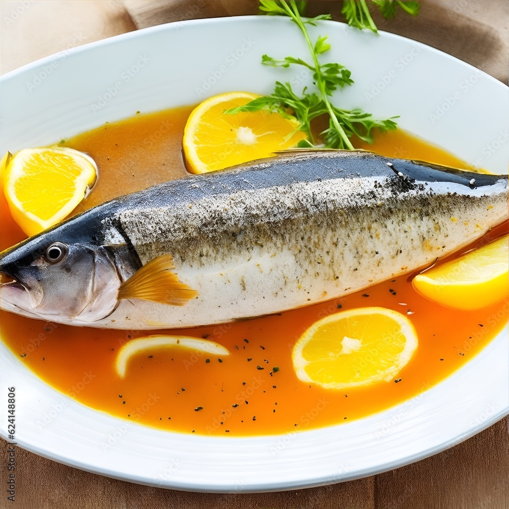 fish with gravy and lemons on a plate. Illustration generated ai fish with gravy and lemons on a plate. Illustration generated ai