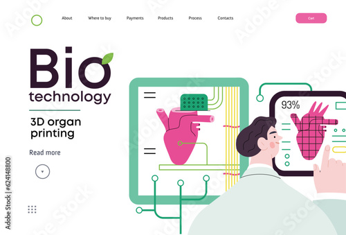 Bio Technology, 3D organ printing -modern flat vector concept illustration of 3D printer creating a human heart. Metaphor of technology in organ transplantation and the future of regenerative medicine