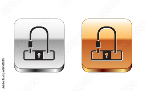 Black Bicycle lock U shaped industrial icon isolated on white background. Silver-gold square button. Vector