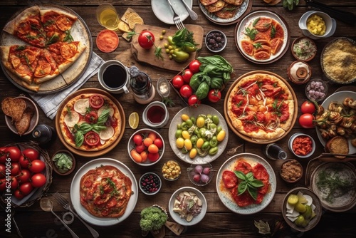 Full table of italian meals on plates Pizza, pasta, ravioli, carpaccio. caprese salad and tomato bruschetta on black background. Top view. Image generated by artificial intelligence
