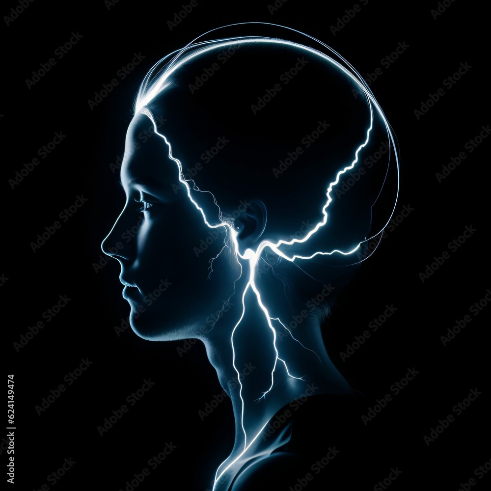 Woman silhouette showing neuronal activity and brain power, his mind generating ideas made with Generative AI Woman silhouette showing neuronal activity and brain power, his mind generating ideas made with Generative AI