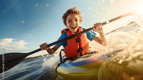 Happy and excited boy riding small boat through the waves photo