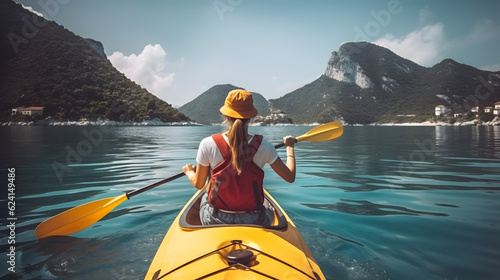 Rear view of woman riding kayak in stream with background of beautiful landscape. © ZayNyi