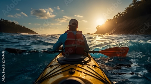 Rear view of man riding kayak in stream with background of beautiful landscape.